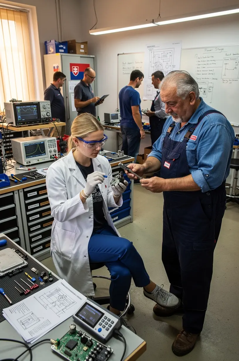 Detailný záber na diagnostický prístroj pripojený k riadiacej jednotke vozidla počas testovania.